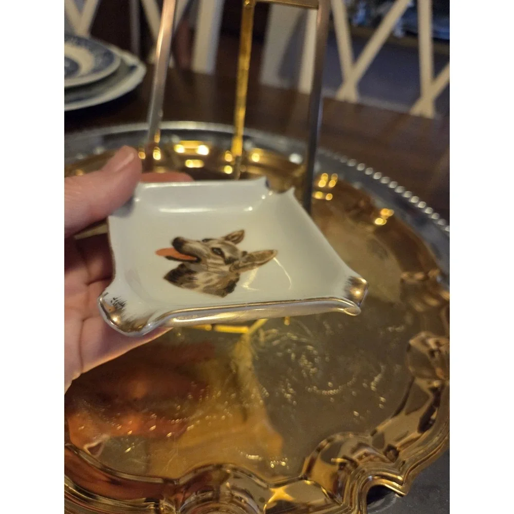German Shepherd Picture Ashtray White Ceramic Gold Accents Retro Vintage